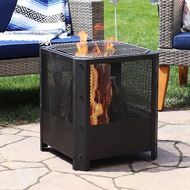 Sunnydaze 16 in Grelha Square Steel Fire Pit with Grilling Grate - Black