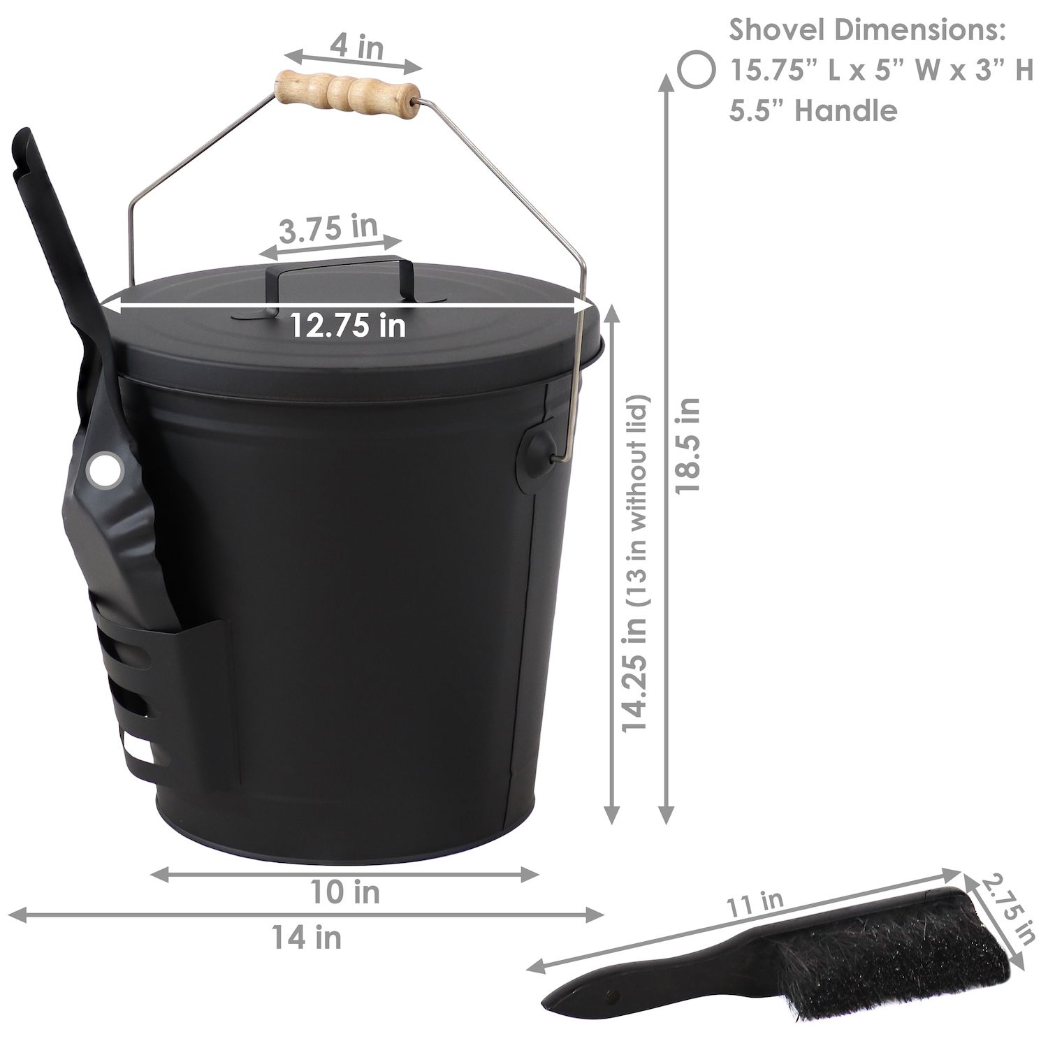 5 Gallon Black Metal Ash Bucket With Shovel & Lid – For Fireplace, Fire Pit, Or Stove