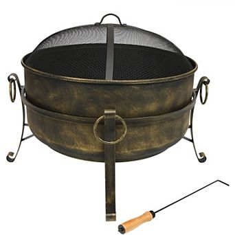 Sunnydaze Cauldron Steel Fire Pit with Spark Screen, Poker, and Grate