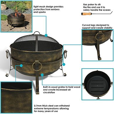 Sunnydaze 24 in Cauldron Steel Fire Pit with Spark Screen, Poker, and Grate