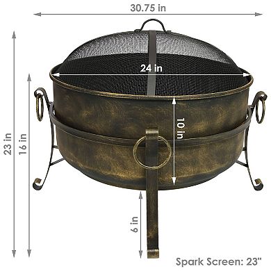 Sunnydaze 24 in Cauldron Steel Fire Pit with Spark Screen, Poker, and Grate