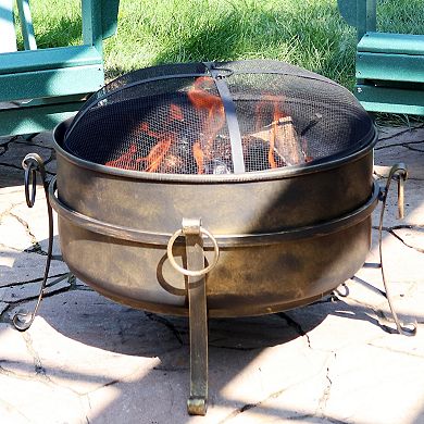 Sunnydaze 24 in Cauldron Steel Fire Pit with Spark Screen, Poker, and Grate