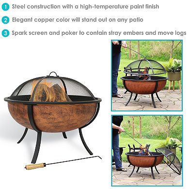 Sunnydaze 32 in Steel Fire Pit with Screen, Grate, and Poker - Copper