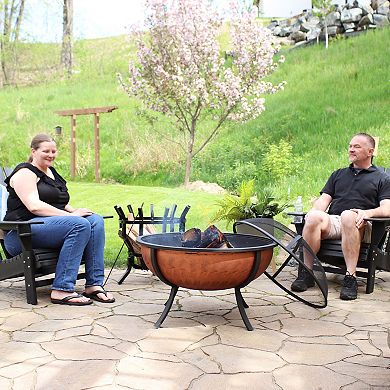 Sunnydaze 32 in Steel Fire Pit with Screen, Grate, and Poker - Copper