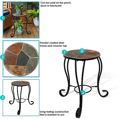 Sunnydaze 12.75 in Mosaic Slate Tile Round Patio Side Table Plant Stand