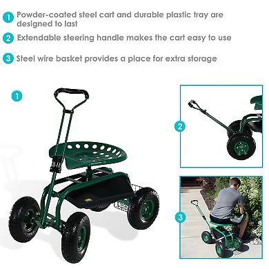 Sunnydaze Steel Rolling Garden Cart with Extended Swivel/Basket - Green