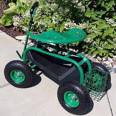 Sunnydaze Steel Rolling Garden Cart with Extended Swivel/Basket - Green