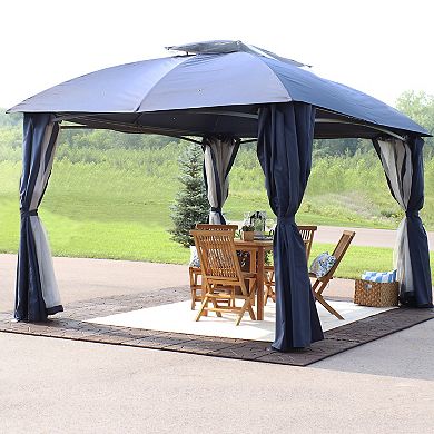 Sunnydaze 10 ft x 13 ft Soft Top Polyester Gazebo with Privacy Wall - Navy