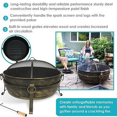 Sunnydaze Cauldron Steel Fire Pit with Spark Screen, Poker, and Grate