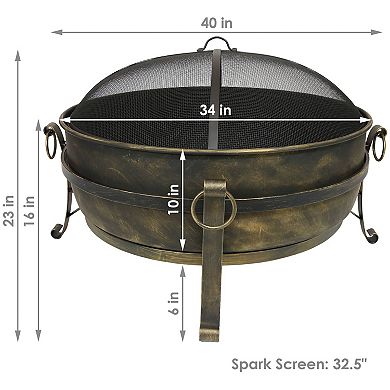 Sunnydaze 34 in Cauldron Steel Fire Pit with Spark Screen, Poker, and Grate