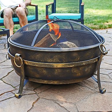 Sunnydaze Cauldron Steel Fire Pit with Spark Screen, Poker, and Grate