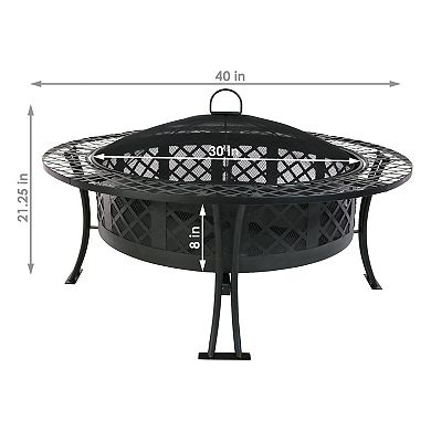 Sunnydaze 40 in Diamond Weave Steel Fire Pit with Spark Screen and Poker