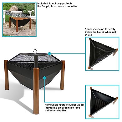 Sunnydaze 31 in Triangle Steel Fire Pit Table with Grate, Poker, and Screen