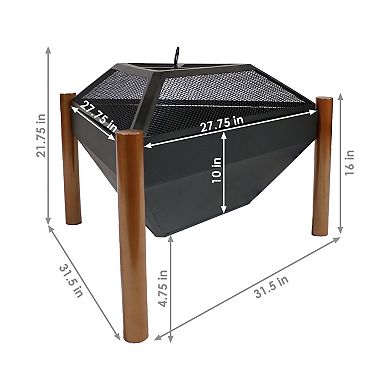 Sunnydaze 31 in Triangle Steel Fire Pit Table with Grate, Poker, and Screen