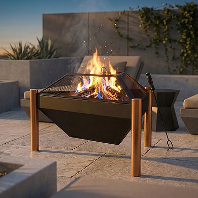 Sunnydaze 31 in Triangle Steel Fire Pit Table with Grate, Poker, and Screen