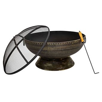 Sunnydaze 30 in Steel Fire Pit with Handles, Spark Screen, Poker, and Grate