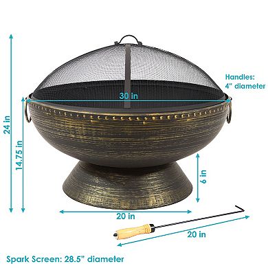 Sunnydaze 30 in Steel Fire Pit with Handles, Spark Screen, Poker, and Grate