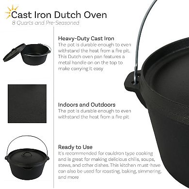 Sunnydaze Cast Iron 8-Quart Deep Dutch Oven Pre Seasoned - 12-Inch