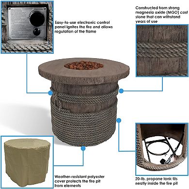 Sunnydaze 29 in Faux Rope Barrel Propane Gas Fire Pit Table with Lava Rocks