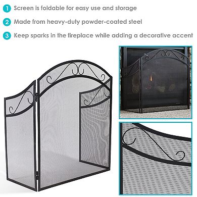 Sunnydaze 50 in Elegant Scroll Steel 3-Panel Fireplace Screen - Black