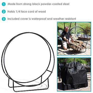 Sunnydaze 40 in Powder-Coated Steel Firewood Log Hoop Rack with Black Cover