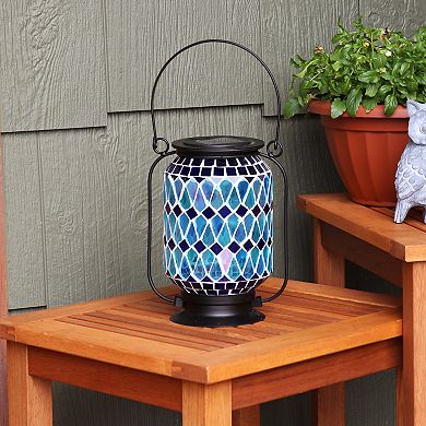 Sunnydaze Cool Blue Mosaic Glass Outdoor Solar LED Lantern - 8 in