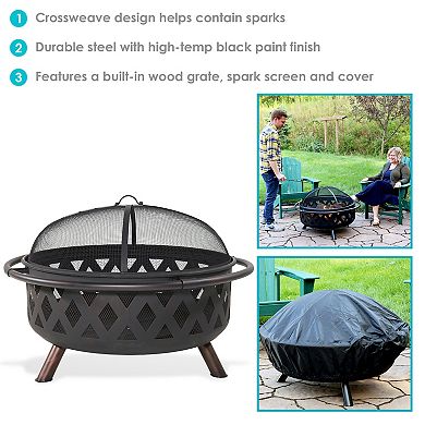 Sunnydaze 36 in Crossweave Steel Fire Pit with Screen, Poker, and Cover