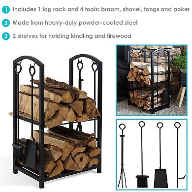 Sunnydaze 4-Piece Steel Firewood Log Rack with Fireplace Tools