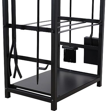 Sunnydaze 4-Piece Steel Firewood Log Rack with Fireplace Tools