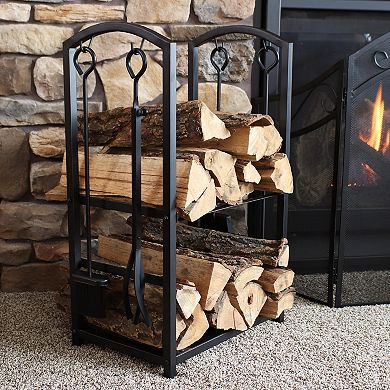 Sunnydaze 4-Piece Steel Firewood Log Rack with Fireplace Tools