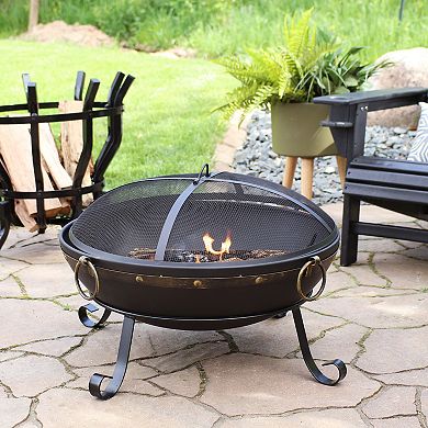 Sunnydaze 25 in Victorian Steel Fire Bowl with Handles and Spark Screen