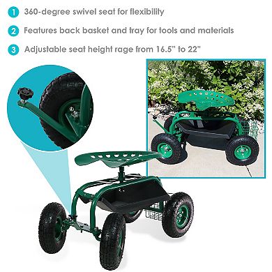 Sunnydaze Steel Rolling Garden Cart with Swivel Steering/Basket - Green
