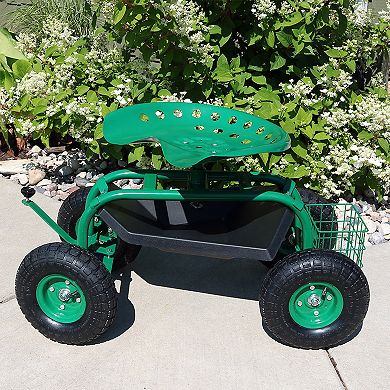Sunnydaze Steel Rolling Garden Cart with Swivel Steering/Basket - Green