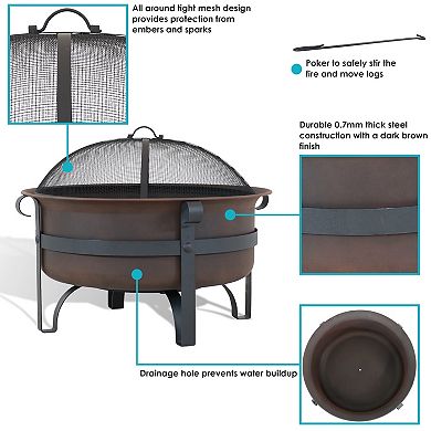 Sunnydaze 29 in Cauldron Style Steel Fire Pit with Spark Screen - Bronze