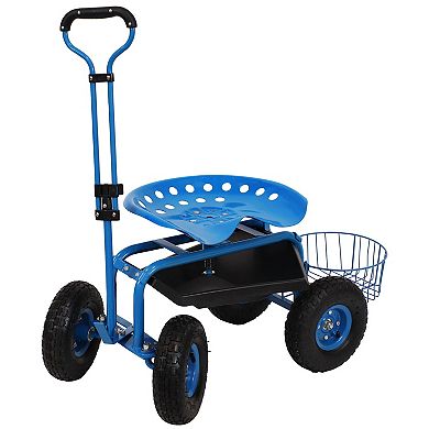 Sunnydaze Steel Rolling Garden Cart with Swivel Steering/Planter - Blue