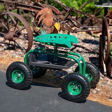 Sunnydaze Steel Rolling Garden Cart with Swivel Steering/Tray - Green