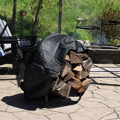 Sunnydaze 24 in Powder-Coated Steel Firewood Log Hoop Rack with Black Cover