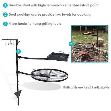 Sunnydaze Steel Fire Pit Cooking Grill Swivel Set with Stand/Ground Stake