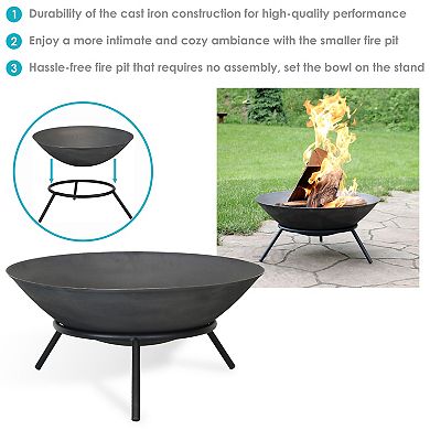 Sunnydaze 22 in Raised Cast Iron Fire Pit Bowl with Stand