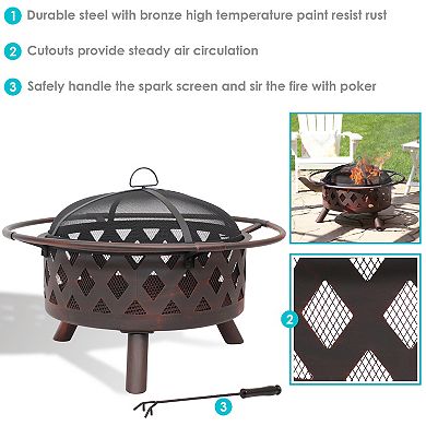 Sunnydaze 30 in Crossweave Steel Fire Pit with Screen, Poker, and Grate