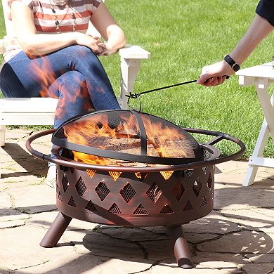 Sunnydaze 30 in Crossweave Steel Fire Pit with Screen, Poker, and Grate