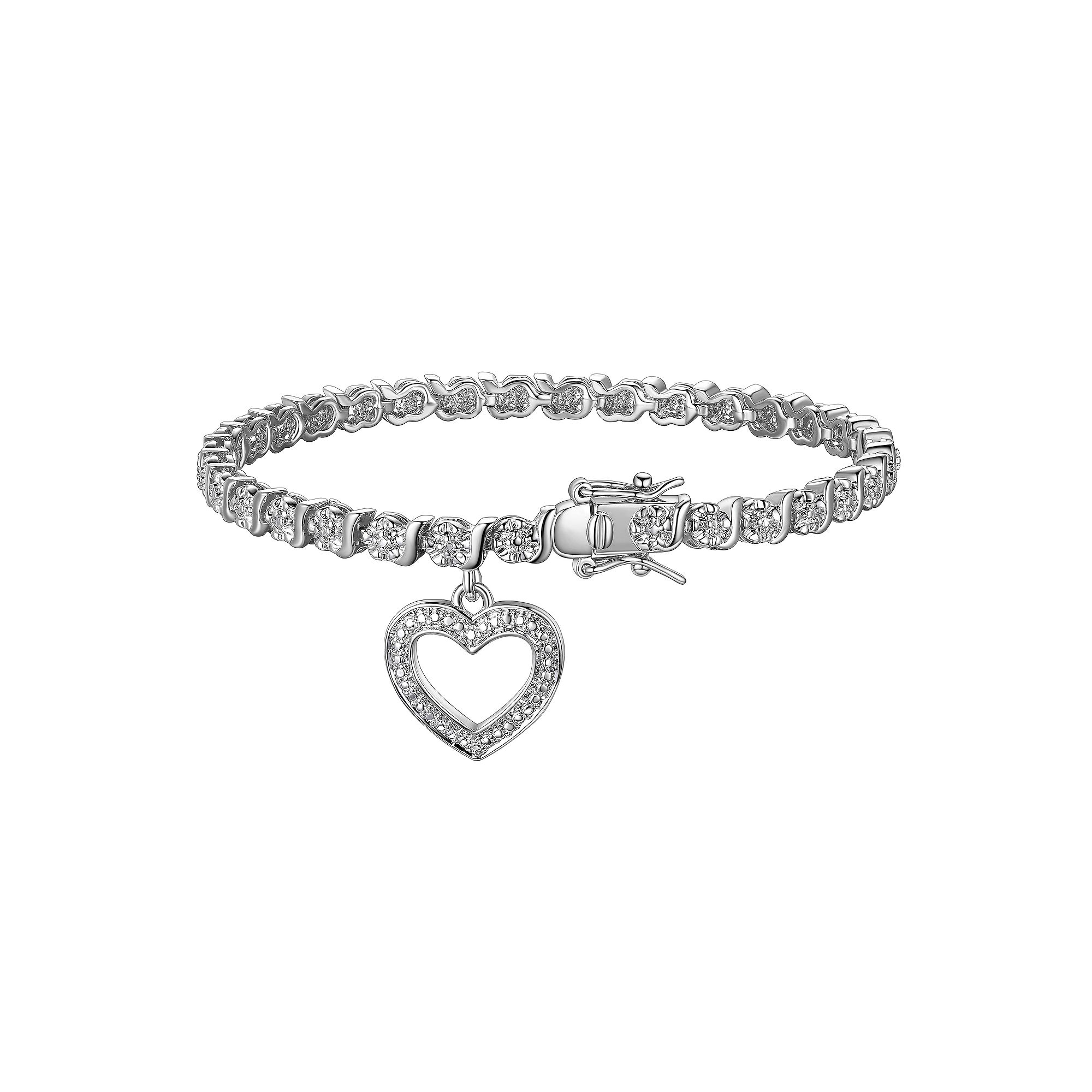 Sarafina Silver Tone Diamond Accent Heart Charm Bracelet, Womens, Size: 7