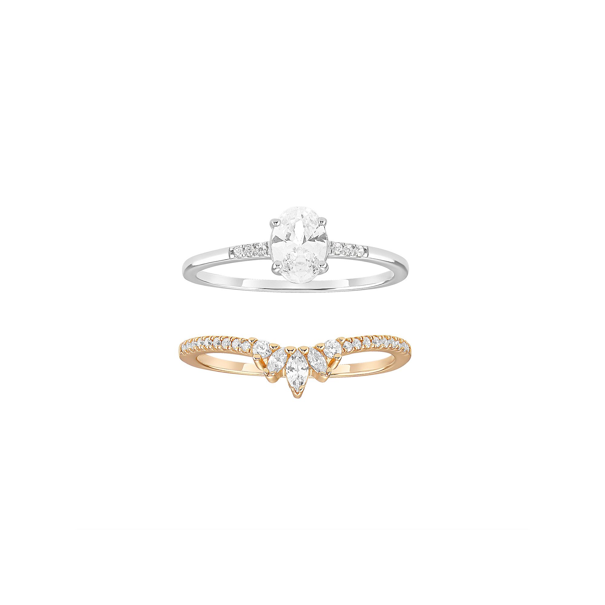 PRIMROSE Sterling Silver Cubic Zirconia Duo Ring Set, Womens, Size: 7, Gol