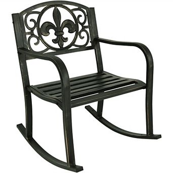 Sunnydaze Fleur-de-Lis Cast Iron and Steel Outdoor Rocking Chair - Black
