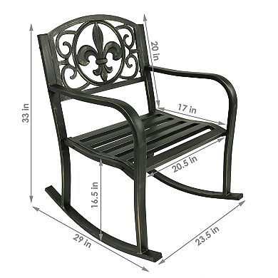 Sunnydaze Fleur-de-Lis Cast Iron and Steel Outdoor Rocking Chair - Black