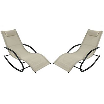 Sunnydaze Sling Outdoor Rocking Wave Lounger with Pillow - Beige - Set of 2