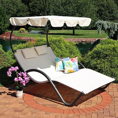 Sunnydaze Sling Fabric Double Outdoor Chaise Lounge Bed with Canopy - Beige