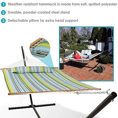 Sunnydaze 2-Person Quilted Fabric Hammock with Steel Stand - Blue/Green