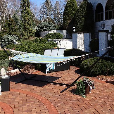 Sunnydaze 2-Person Quilted Fabric Hammock with Steel Stand - Blue/Green