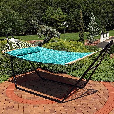 Sunnydaze Large Quilted Hammock with Spreader Bar and Pillow - Blue Tropics